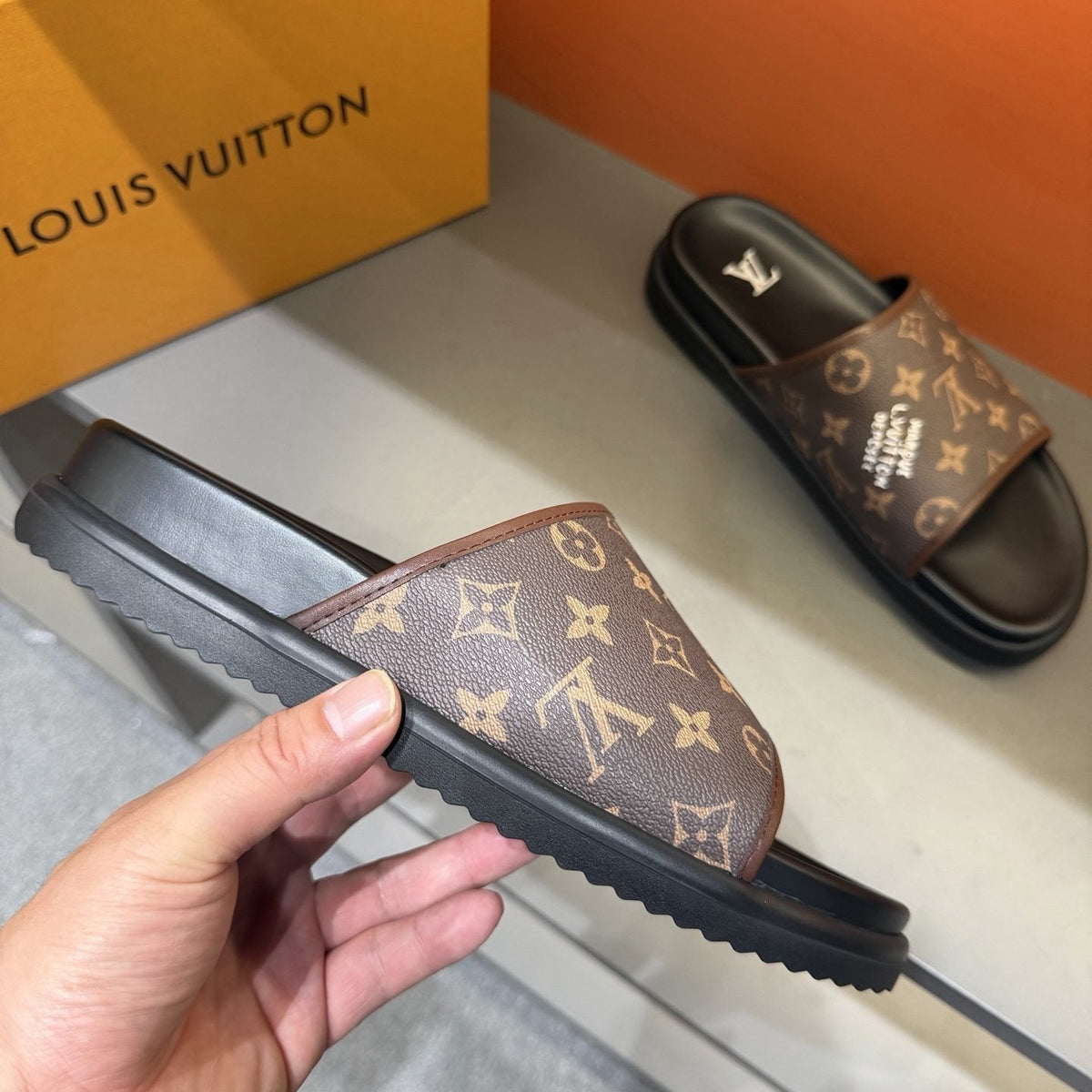 Louis Vuitton Monogram Slide Sandals — model