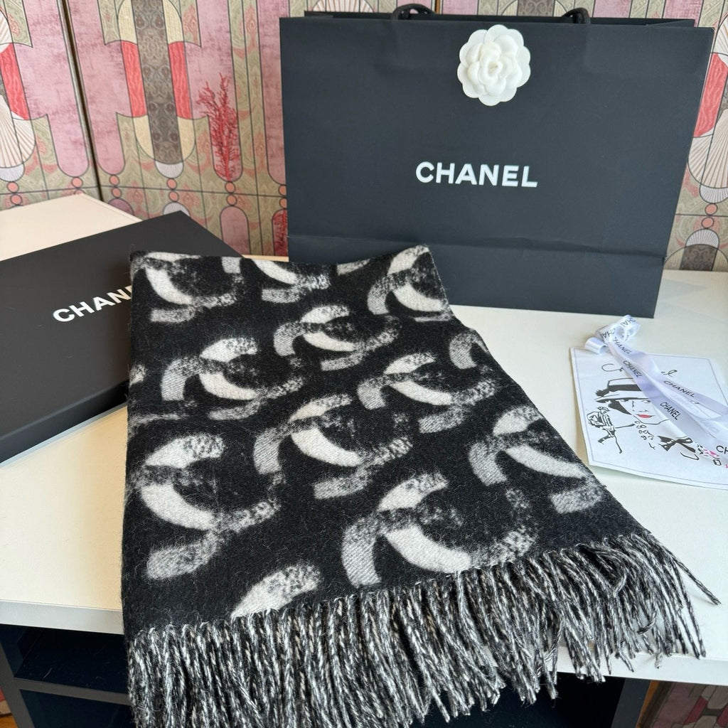 Chanel Black & White Fringed Scarf — front