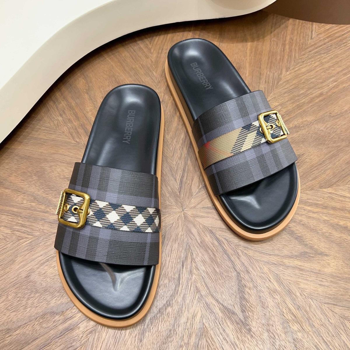 Burberry Check Buckle Slide Sandals — front