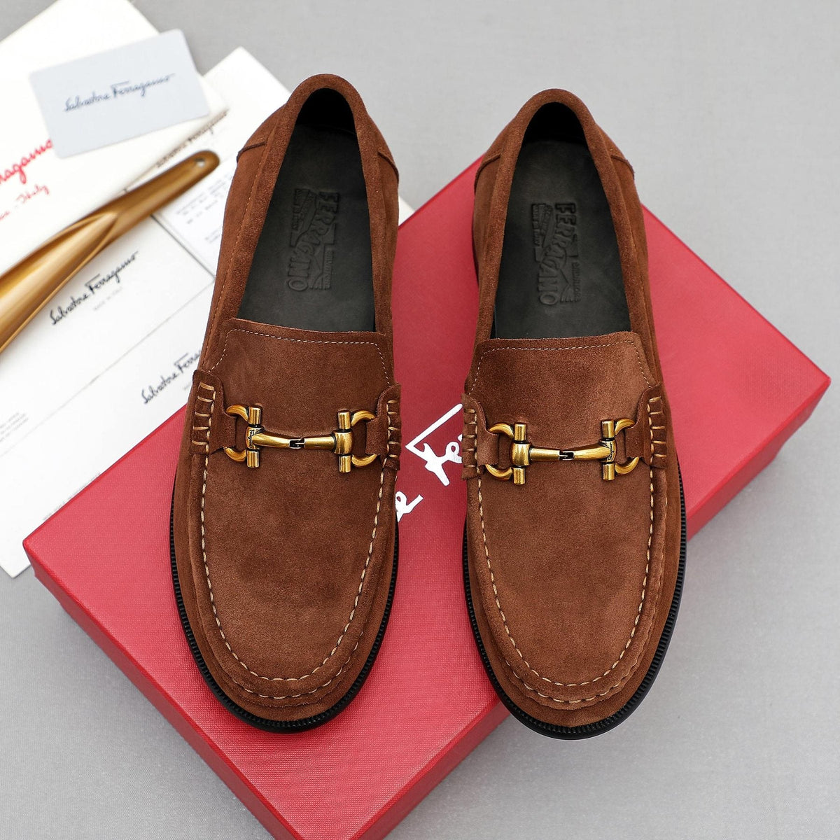 Ferragamo Suede Bit Loafers — front