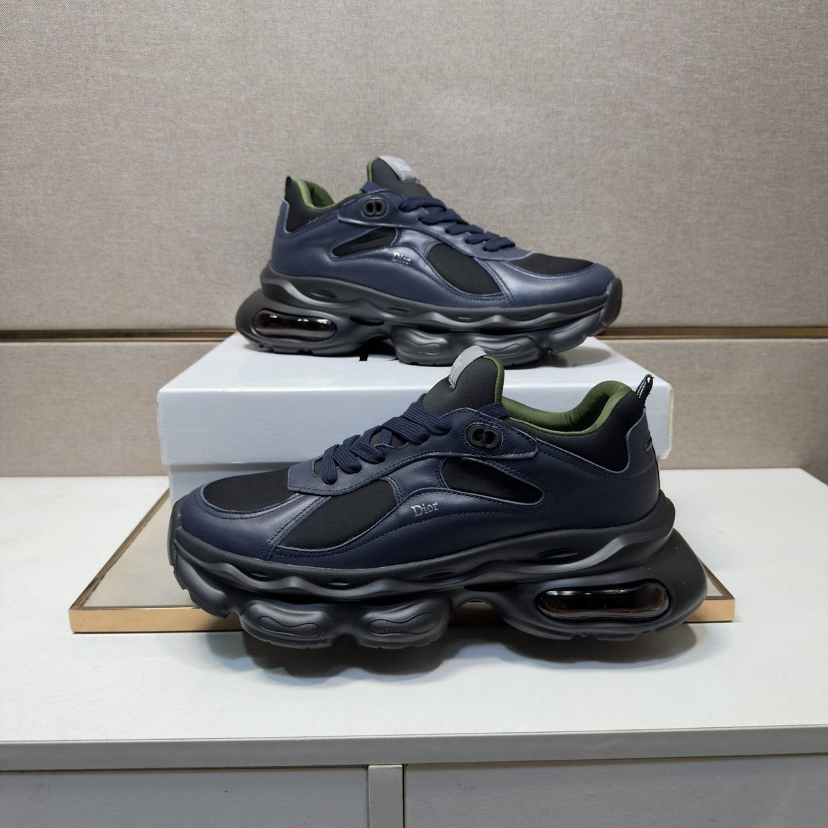 Dior Navy Blue, Black and Green Low-Top Sneakers — front