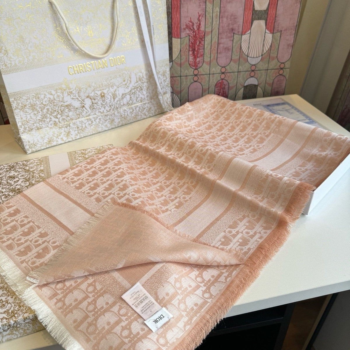 Dior Fringed Monogram Square Scarf — front