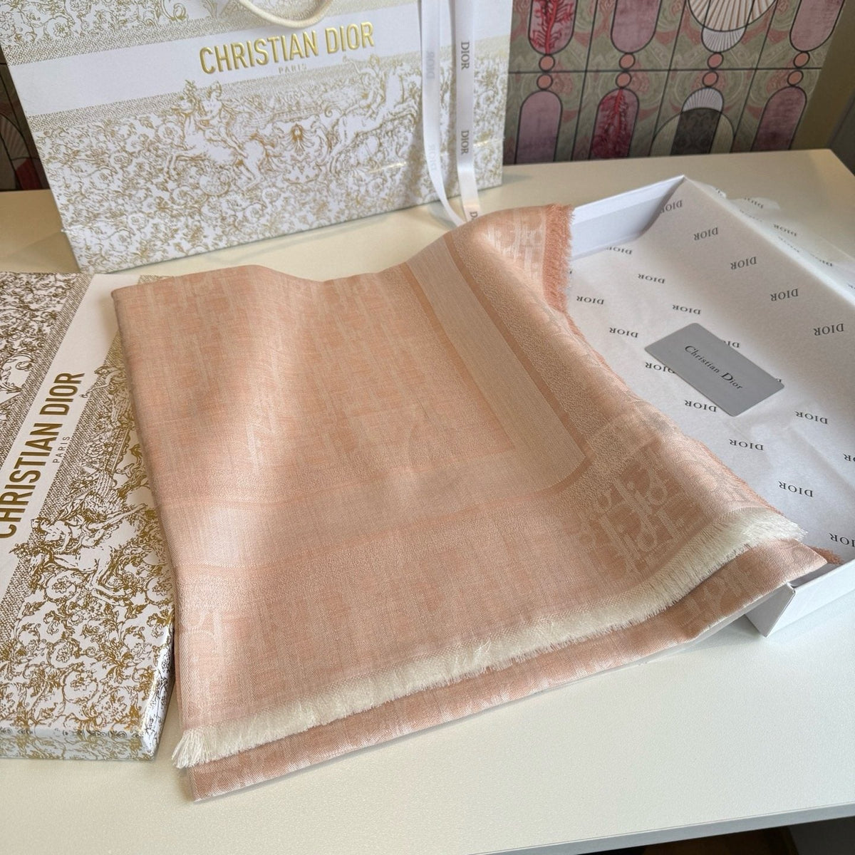 Dior Fringed Monogram Square Scarf — front
