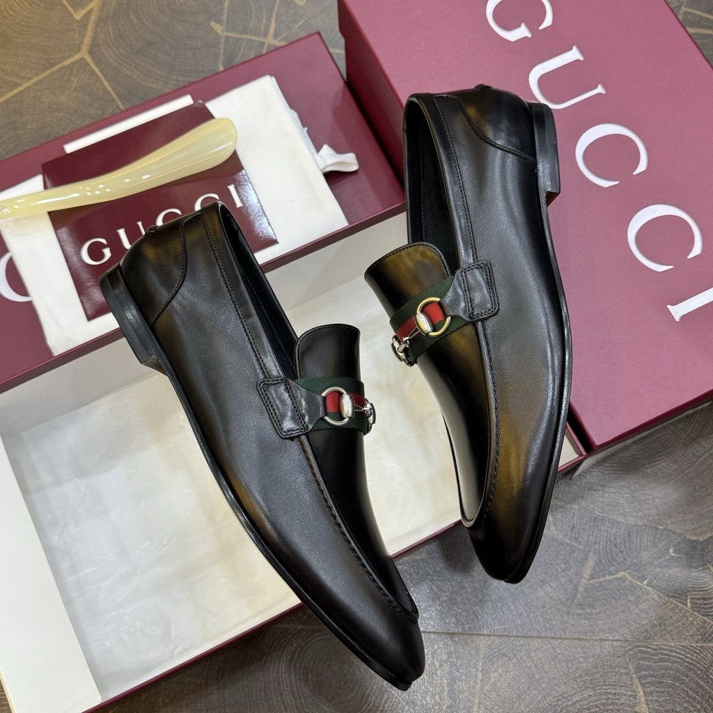 Gucci Black Web Horsebit Loafers — side