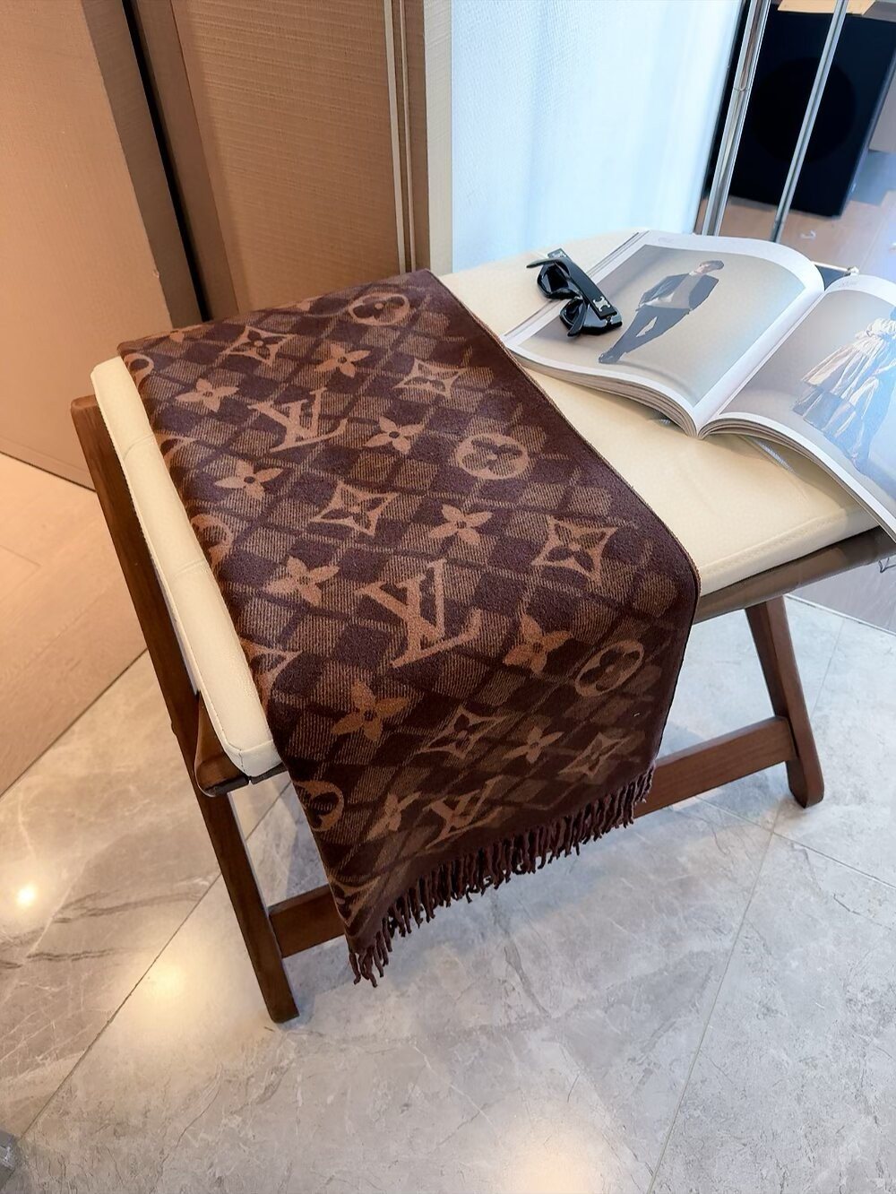 Louis Vuitton Dark Brown Fringed Patterned Scarf — front
