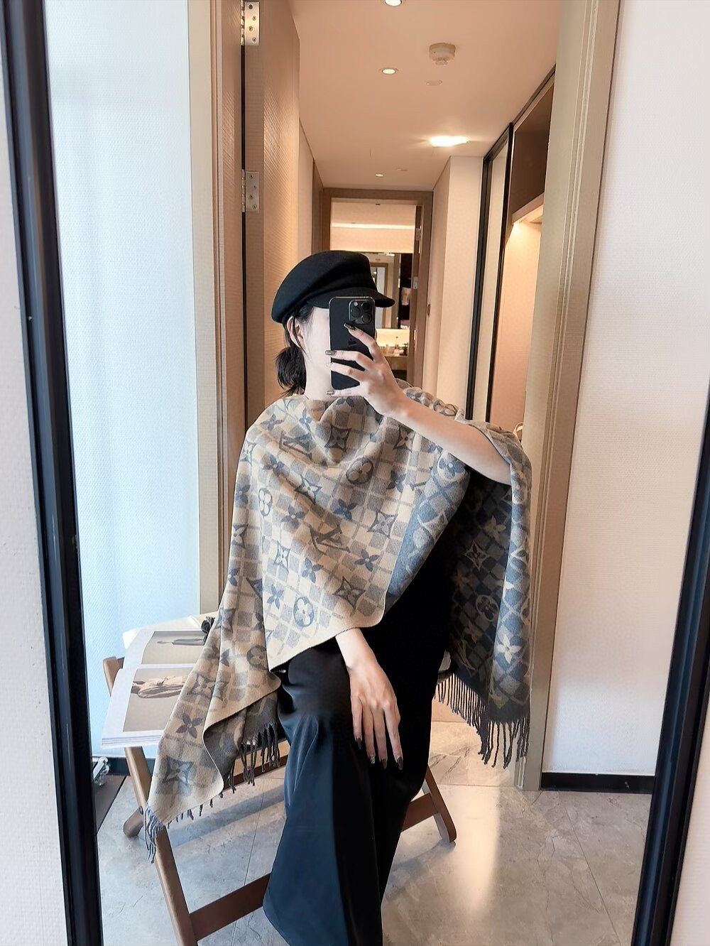 Louis Vuitton Dark Brown Fringed Patterned Scarf — model