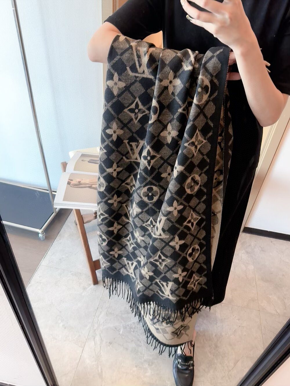 Louis Vuitton Dark Brown Fringed Patterned Scarf — front