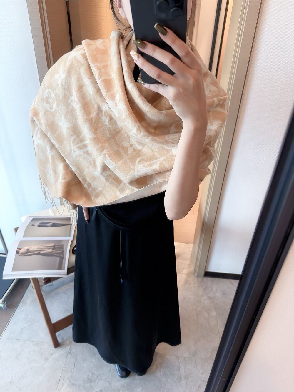 Louis Vuitton Dark Brown Fringed Patterned Scarf — model
