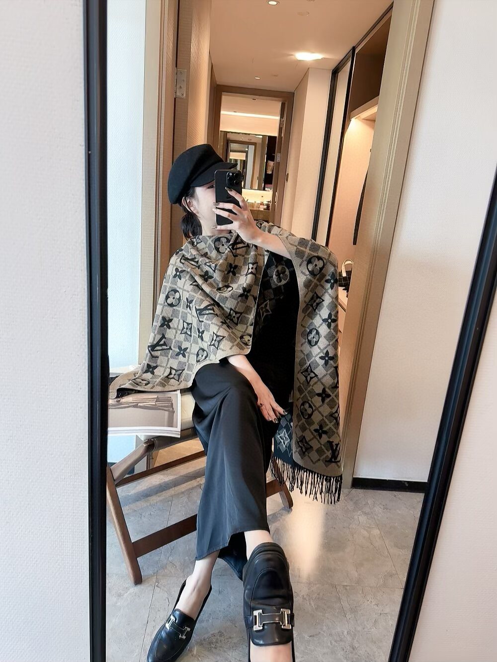 Louis Vuitton Dark Brown Fringed Patterned Scarf — model