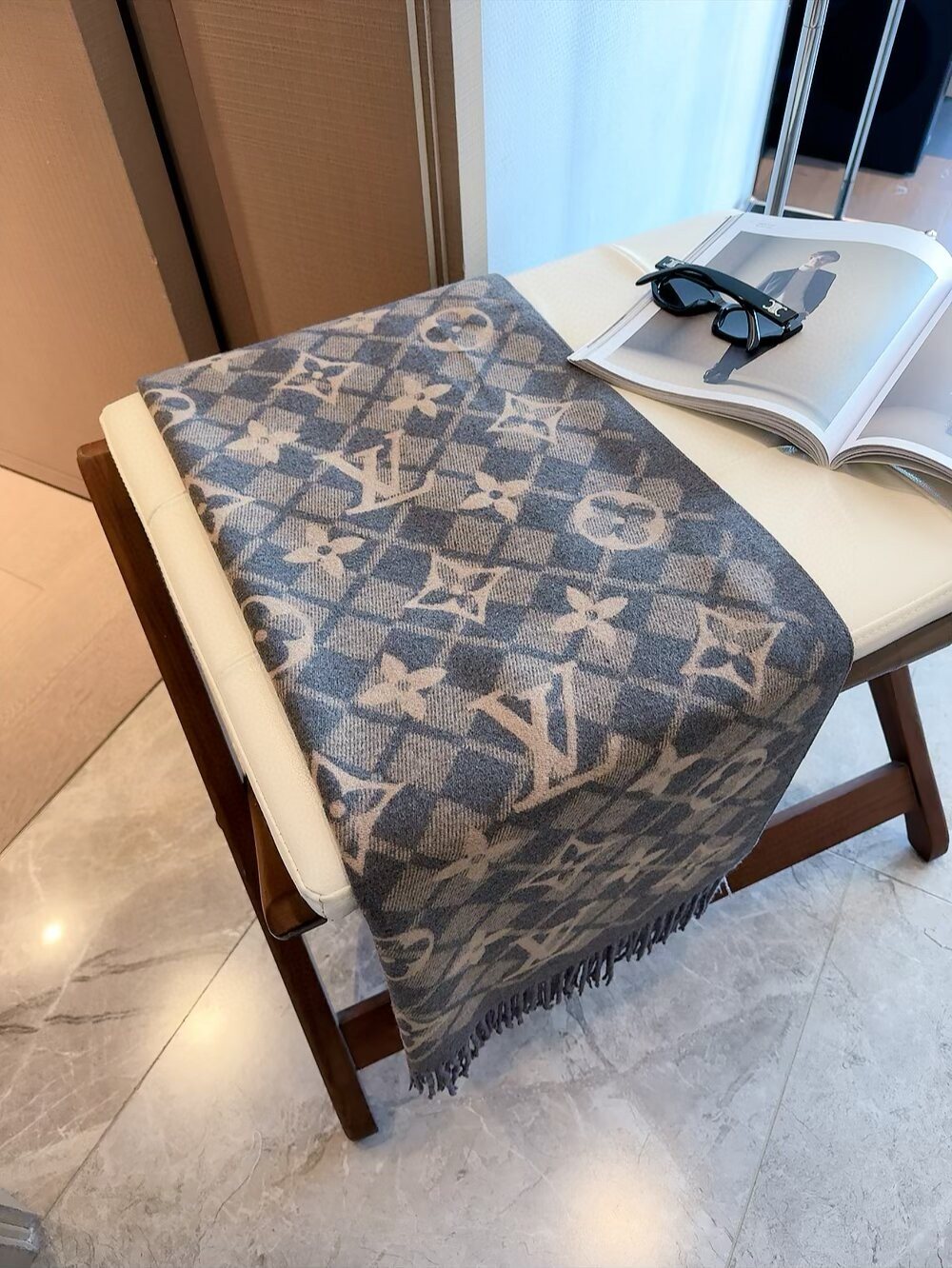 Louis Vuitton Dark Brown Fringed Patterned Scarf — front