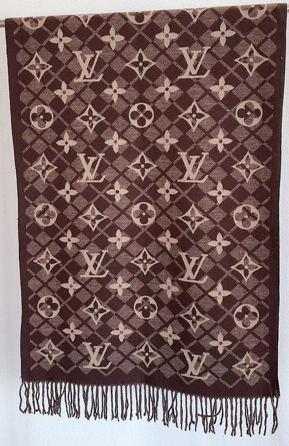Louis Vuitton Dark Brown Fringed Patterned Scarf — front