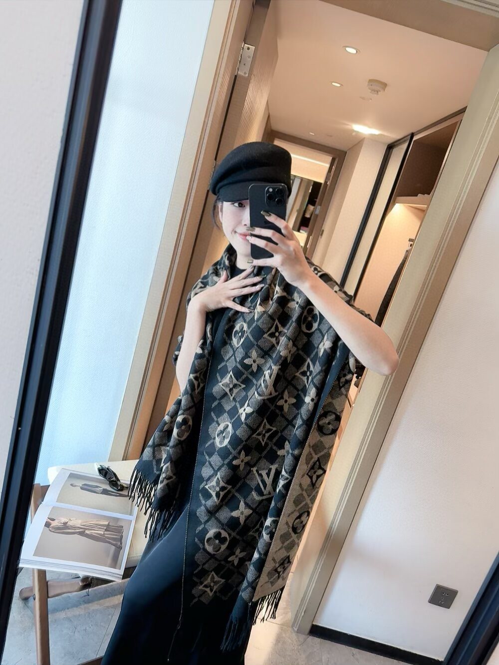 Louis Vuitton Dark Brown Fringed Patterned Scarf — model