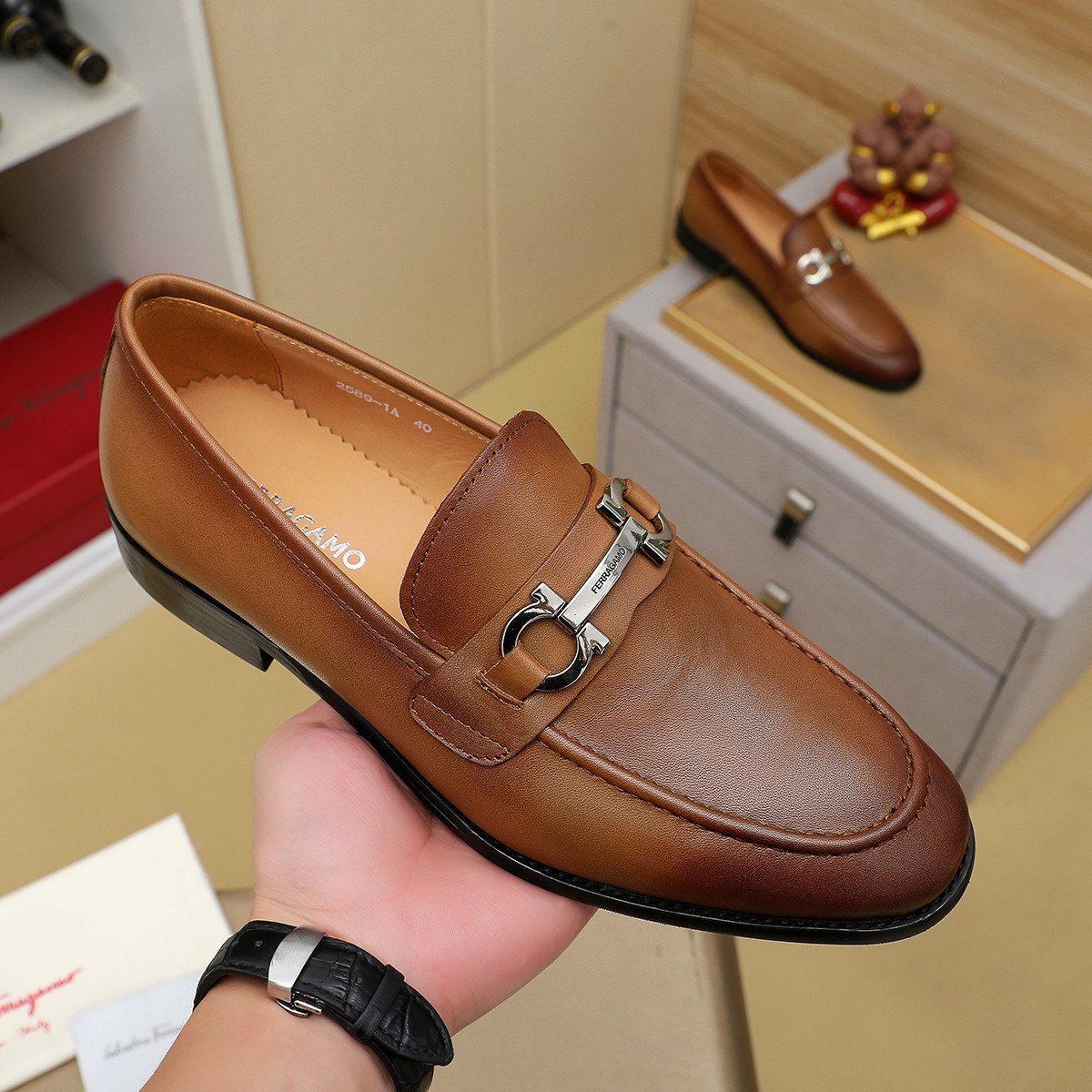Ferragamo Brown Leather Bit Loafers — front