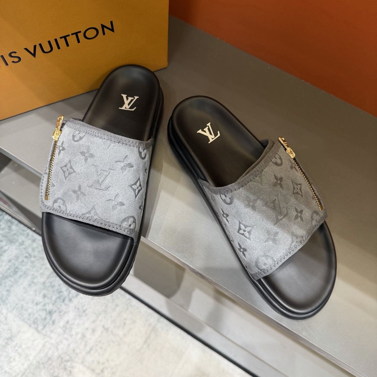 Louis Vuitton Monogram Zip Slide Sandals — front