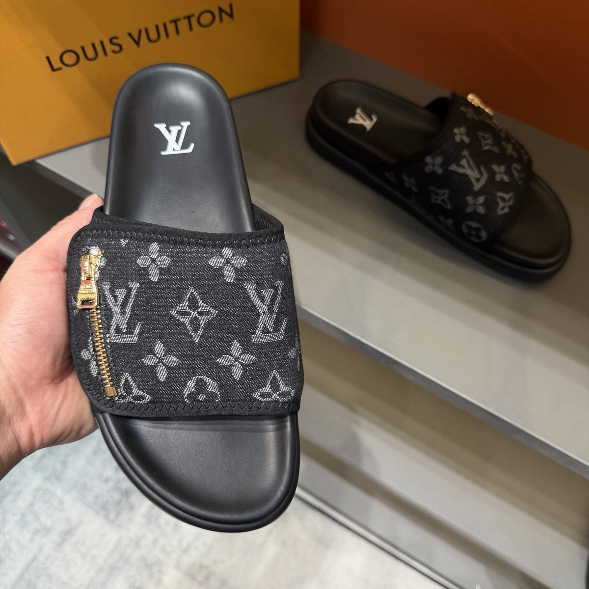 Louis Vuitton Monogram Zip Slide Sandals — front