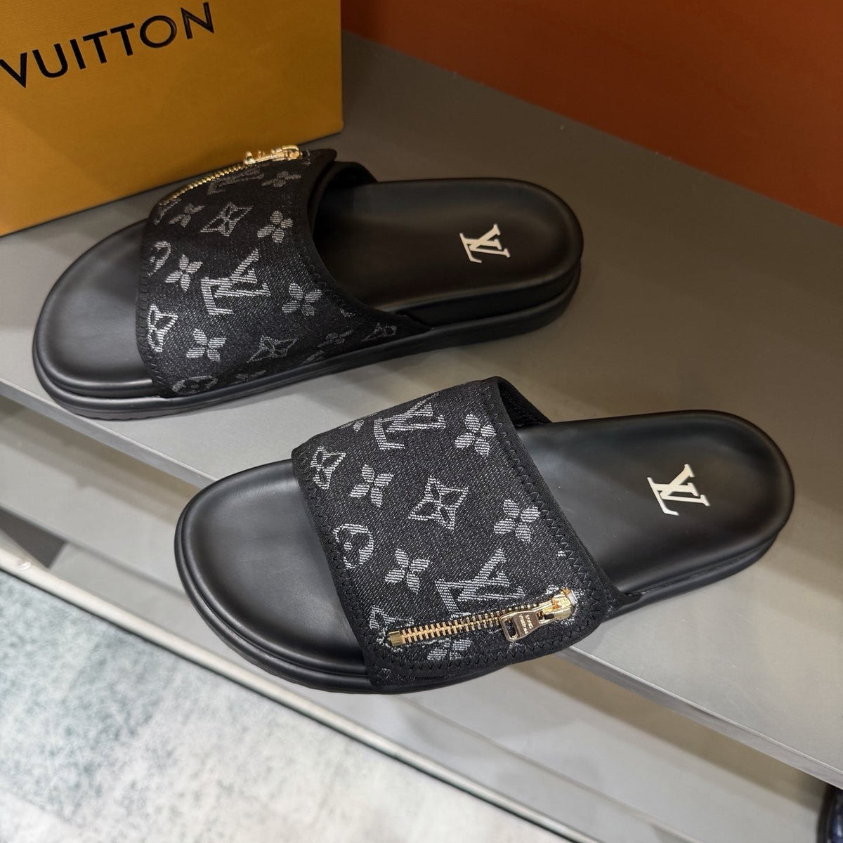 Louis Vuitton Monogram Zip Slide Sandals — front