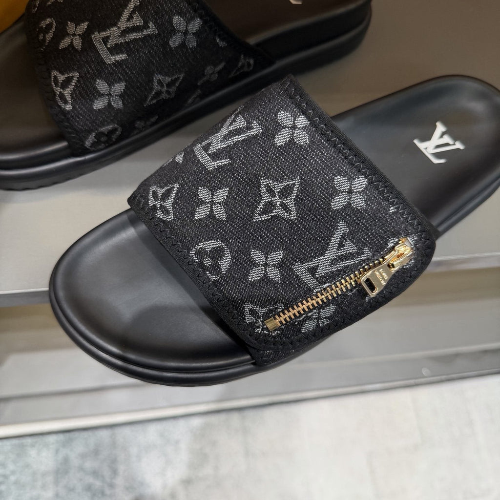 Louis Vuitton Monogram Zip Slide Sandals — front