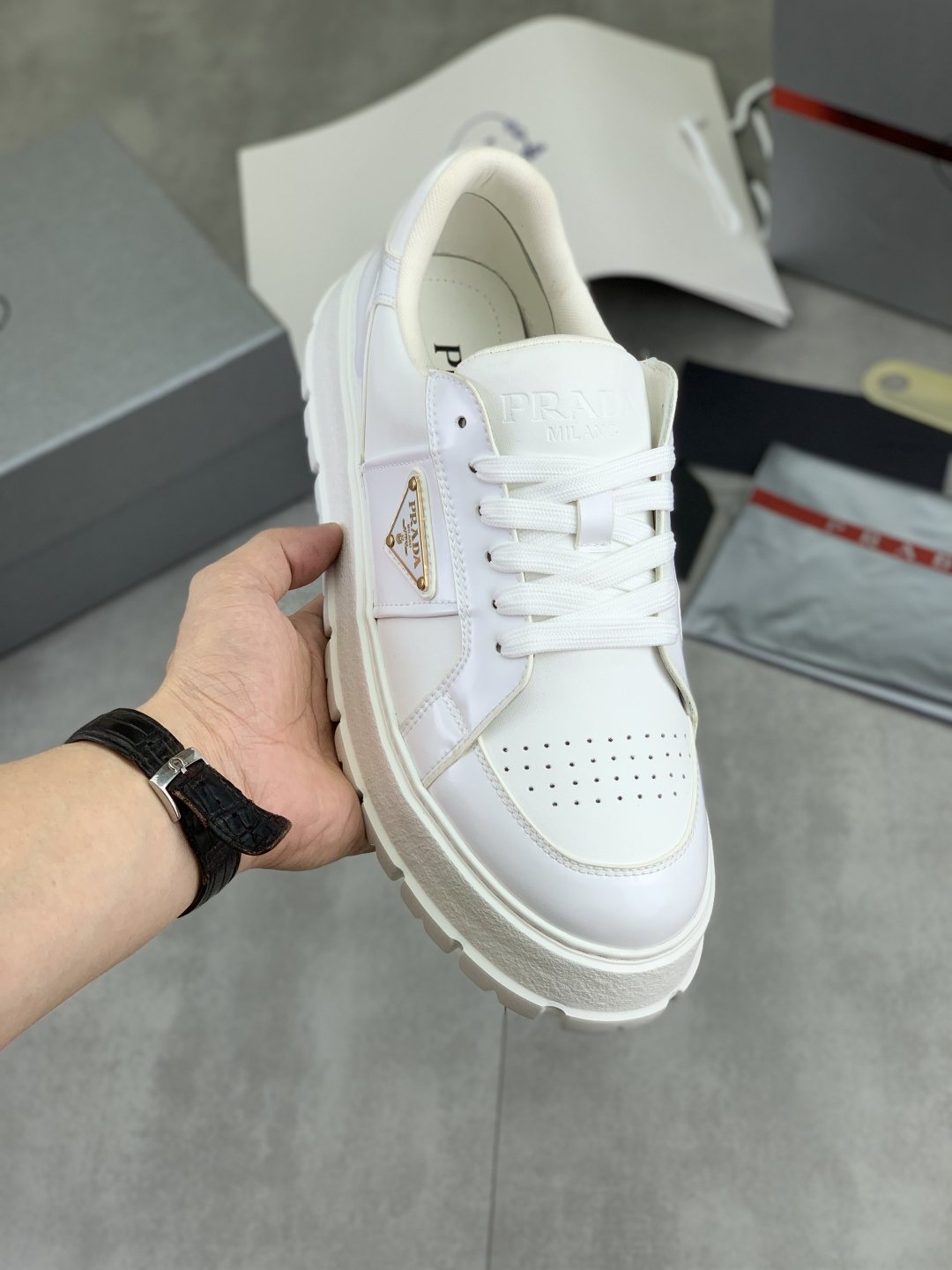 Prada Paneled Lug-Sole Low-Top Sneakers — model