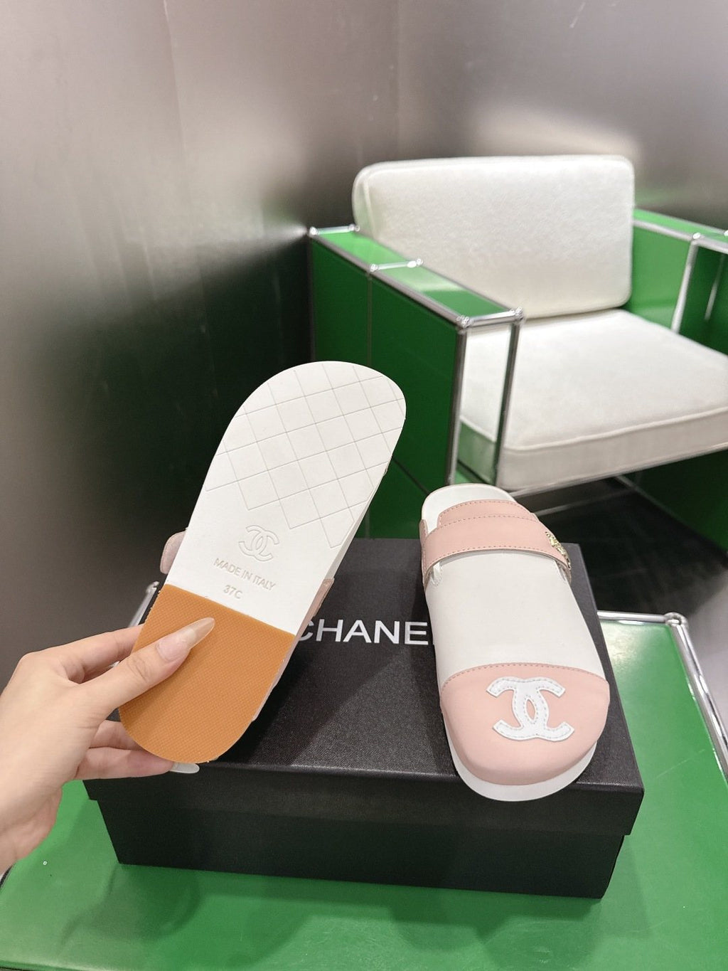 Chanel Quilted Closed-Toe Slide Sandals — back