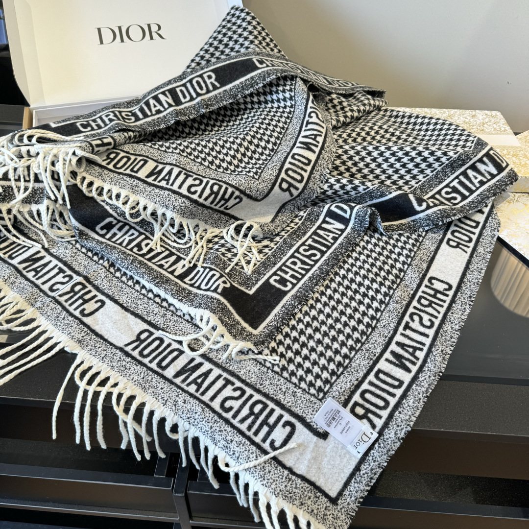 Dior Houndstooth Fringed Square Scarf & Shawl — side