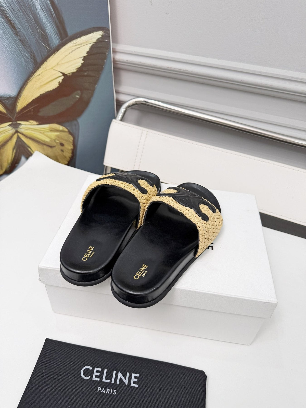 Celine Woven Emblem Slide Sandals — front