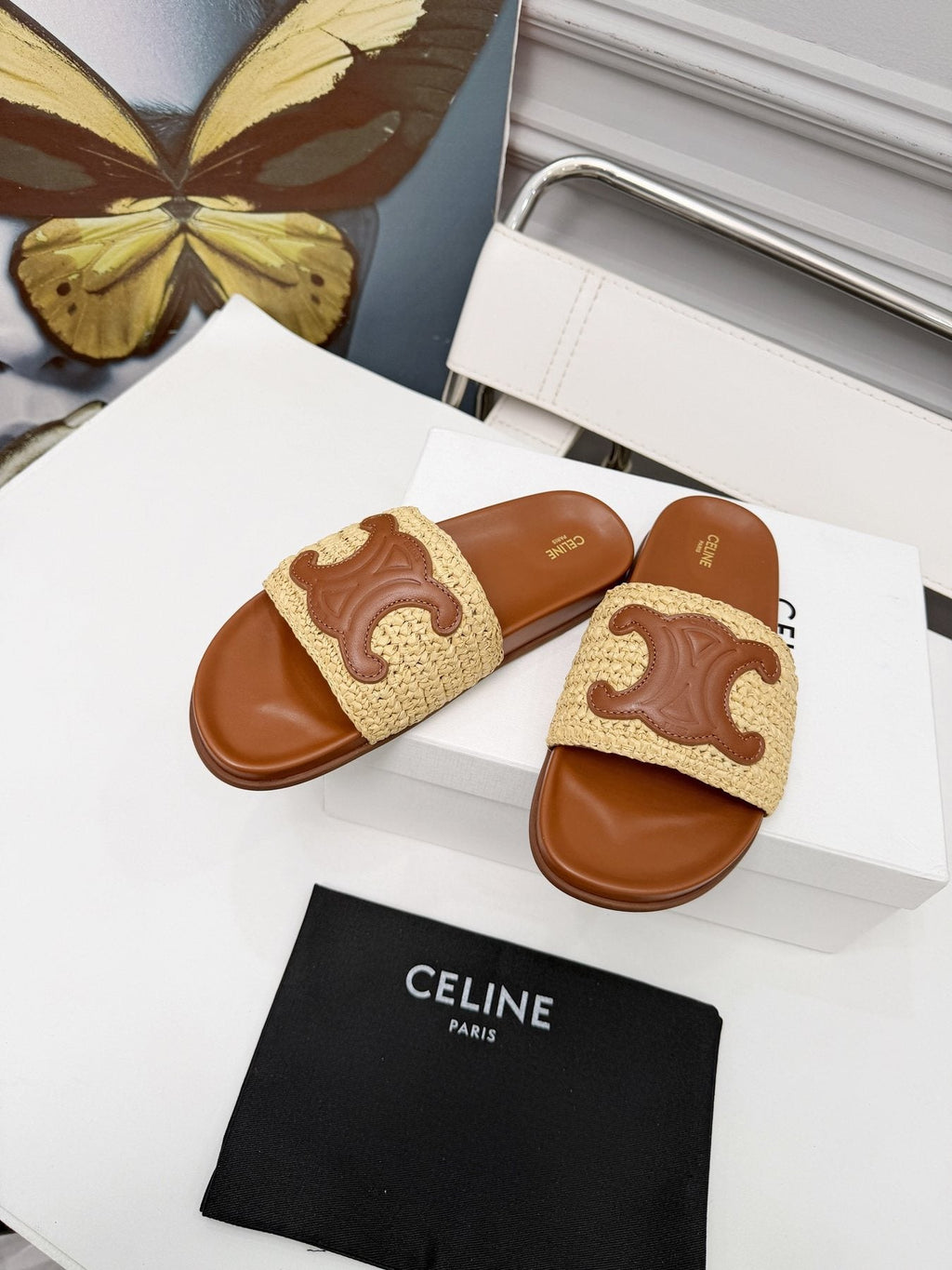 Celine Woven Emblem Slide Sandals — front