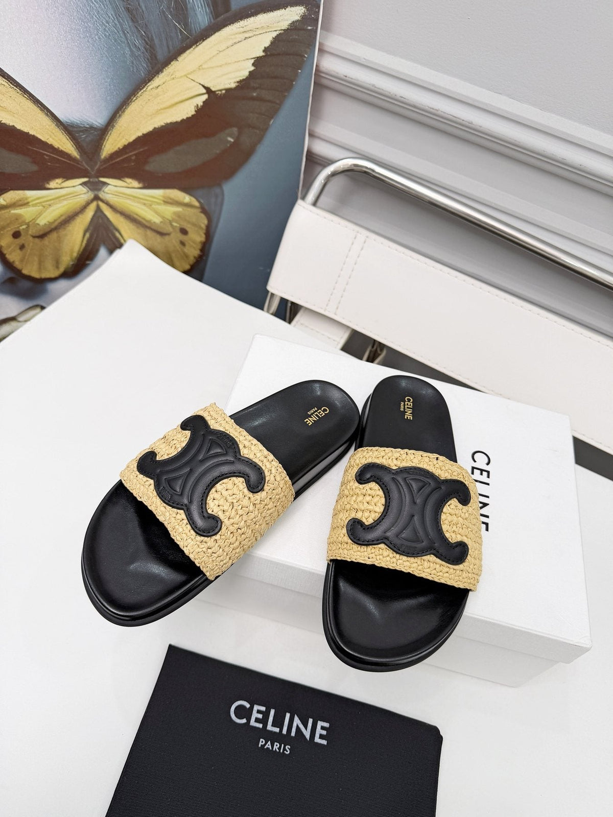 Celine Woven Emblem Slide Sandals — front