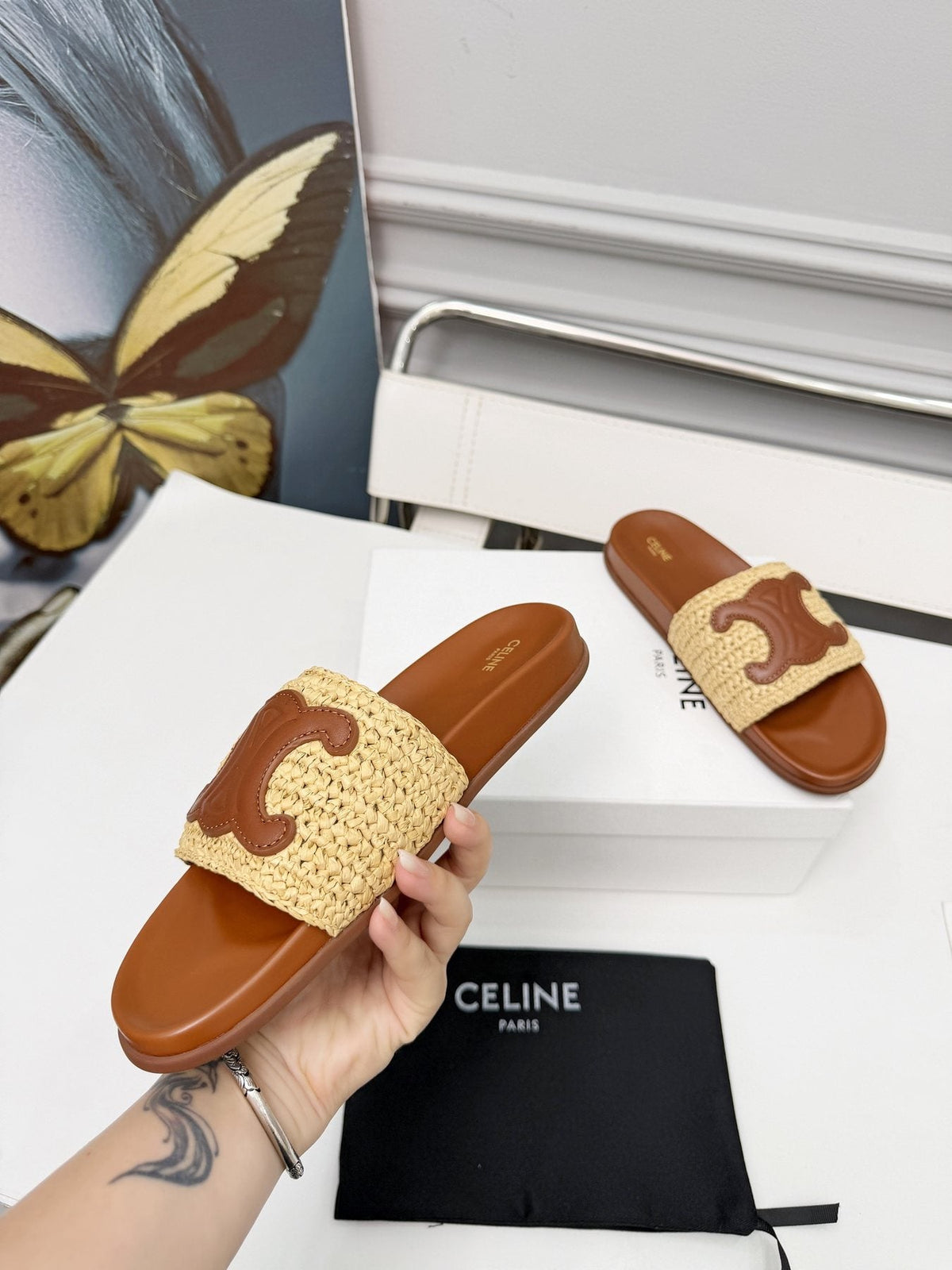 Celine Woven Emblem Slide Sandals — model