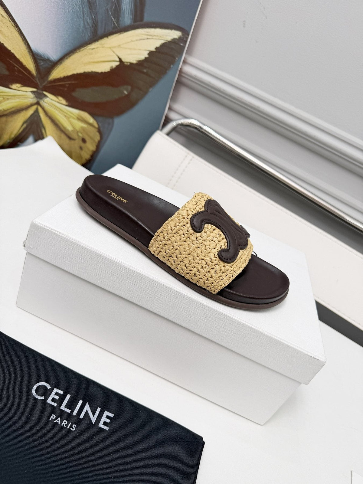 Celine Woven Emblem Slide Sandals — front