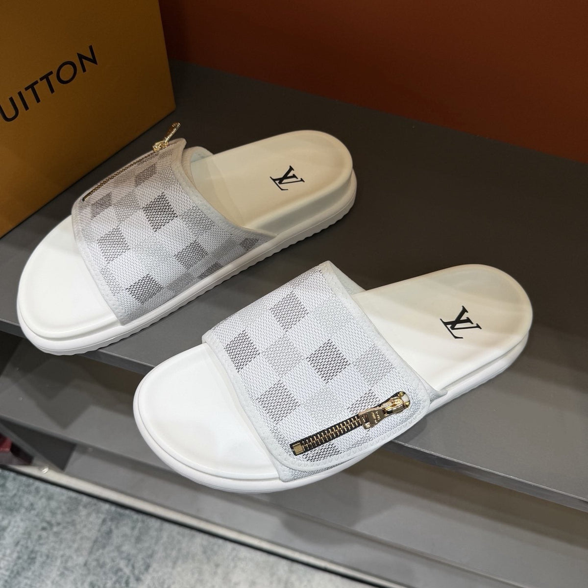 Louis Vuitton Checkered Zipper Slide Sandals — front