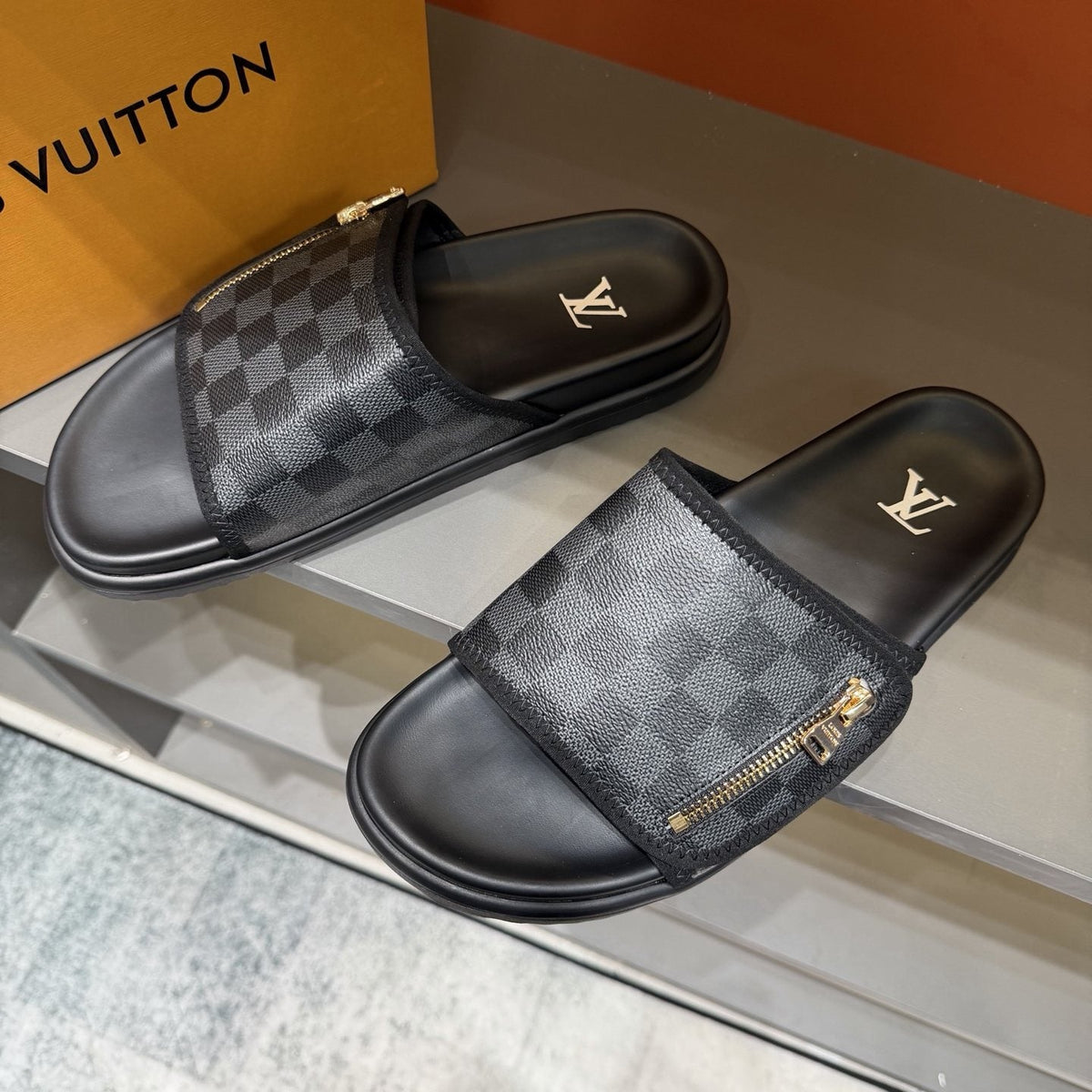 Louis Vuitton Checkered Zipper Slide Sandals — front