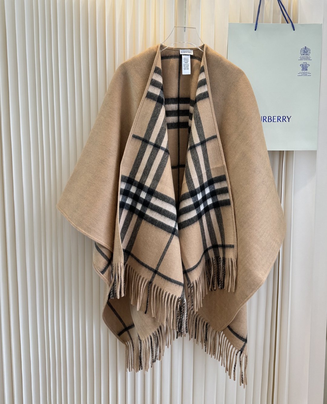 Black and Beige Plaid Fringed Poncho — front