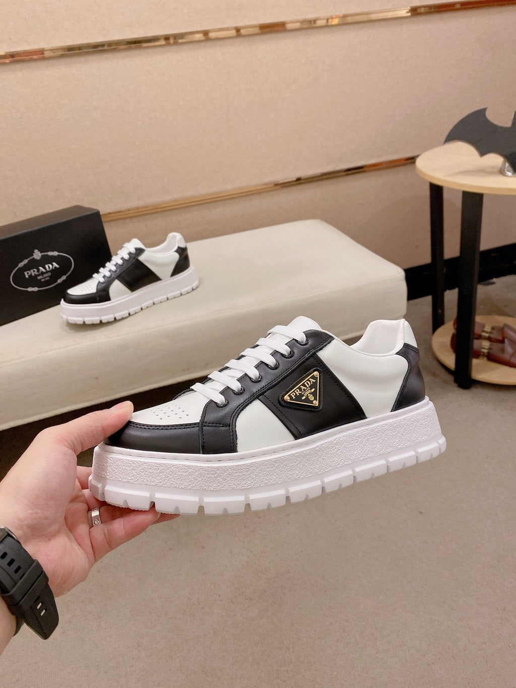 Prada Triangle Plaque Low-Top Sneakers — side