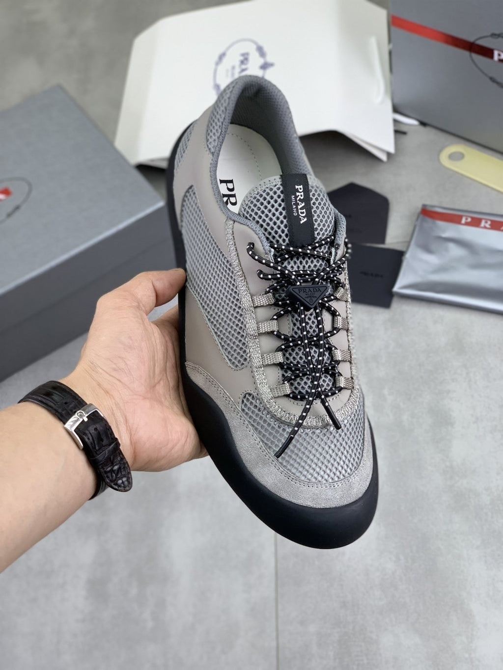 Prada Layered Mesh Lace-Up Sneakers — model