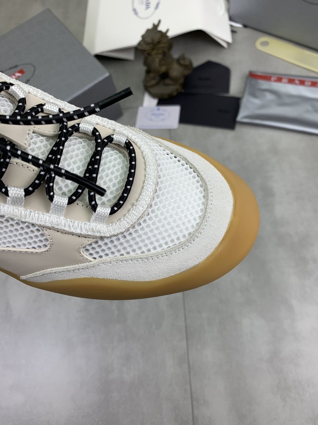 Prada Layered Mesh Lace-Up Sneakers — detail