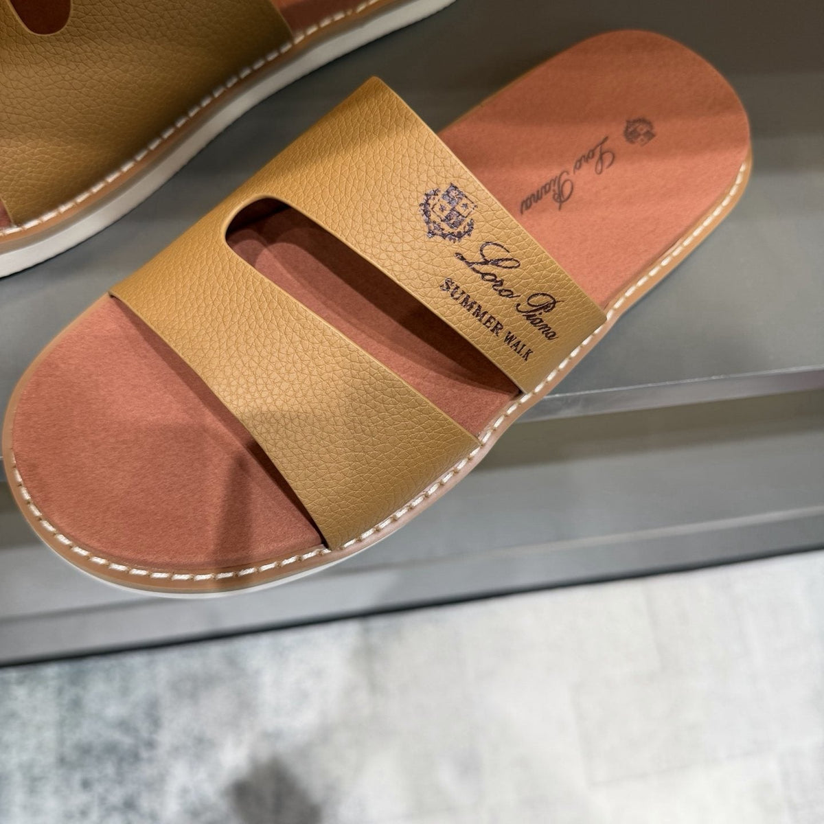 Loro Piana Summer Walk Slotted Slide Sandals — detail