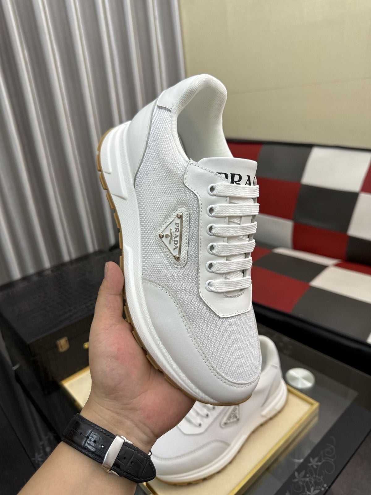 Prada Triangle Plaque Low-Top Sneakers — front