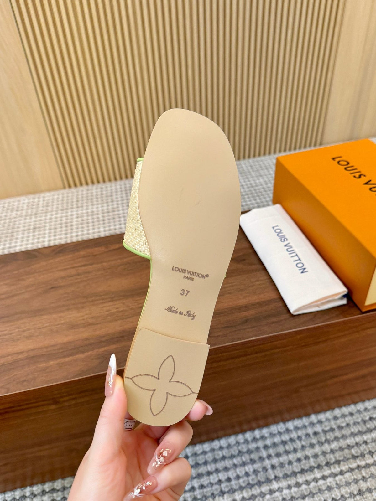 Louis Vuitton Textured Logo Slide Sandals — back