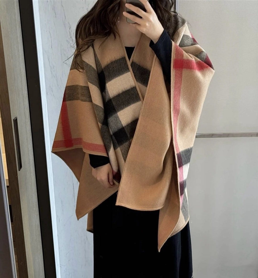 Burberry Reversible Plaid Cape Wrap — model