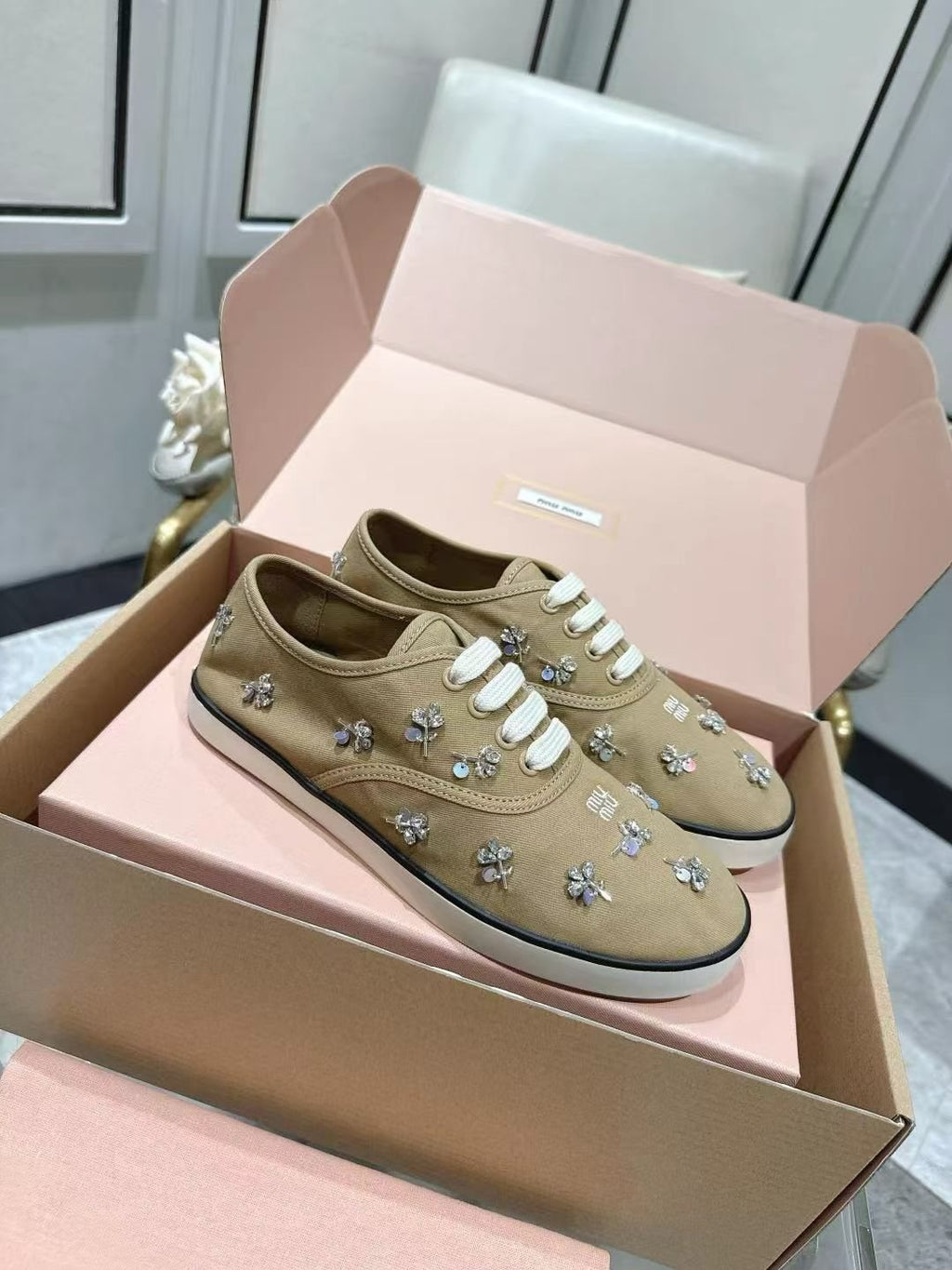 Miu Miu Floral Rhinestone Canvas Sneakers — side