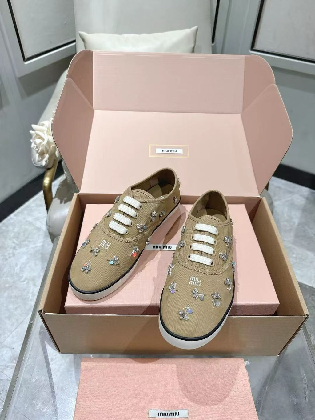 Miu Miu Floral Rhinestone Canvas Sneakers — front