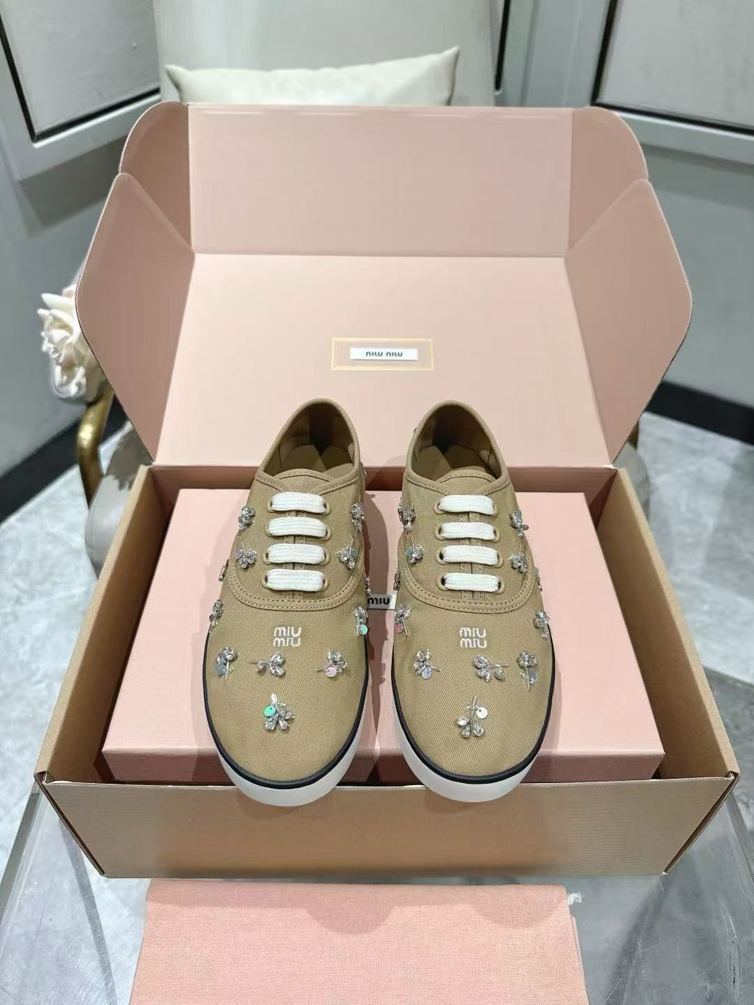 Miu Miu Floral Rhinestone Canvas Sneakers — front