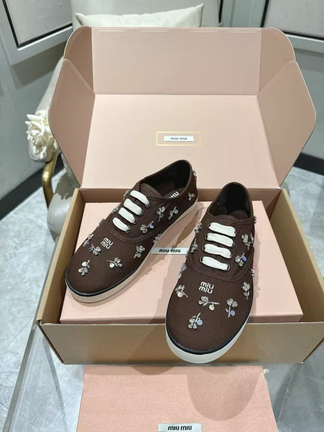 Miu Miu Floral Rhinestone Canvas Sneakers — front