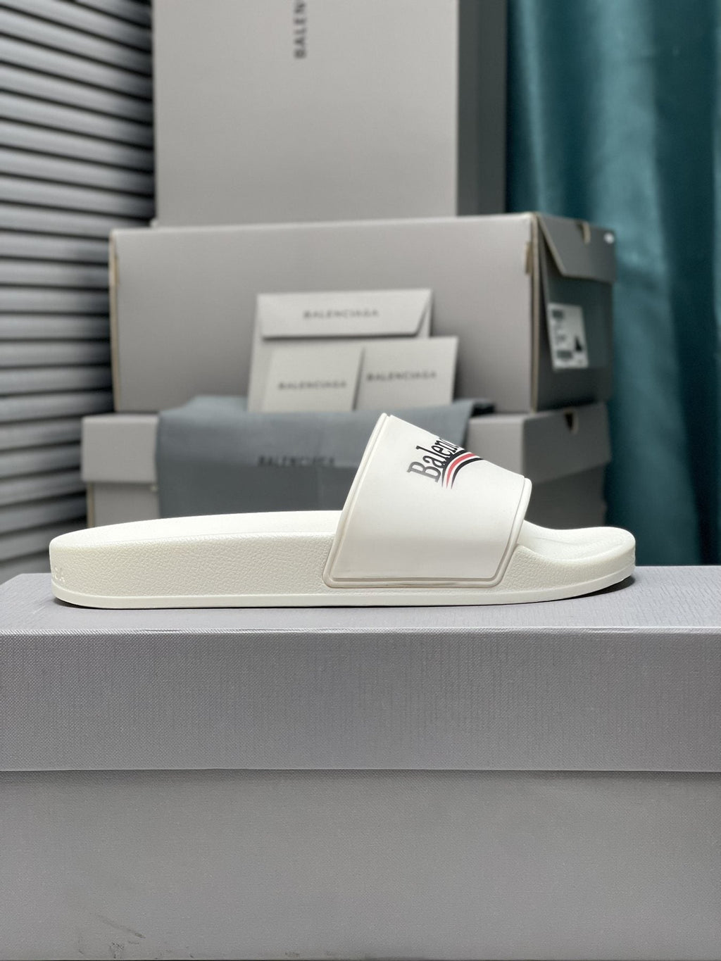 Balenciaga Logo Stripe Slide Sandals — side