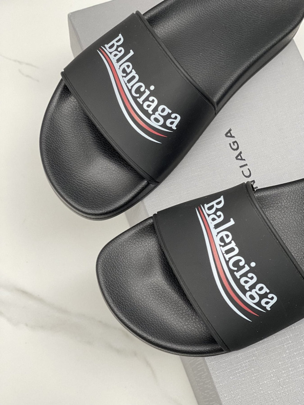 Balenciaga Logo Stripe Slide Sandals — side