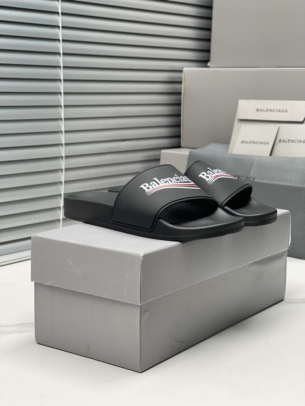 Balenciaga Logo Stripe Slide Sandals — side