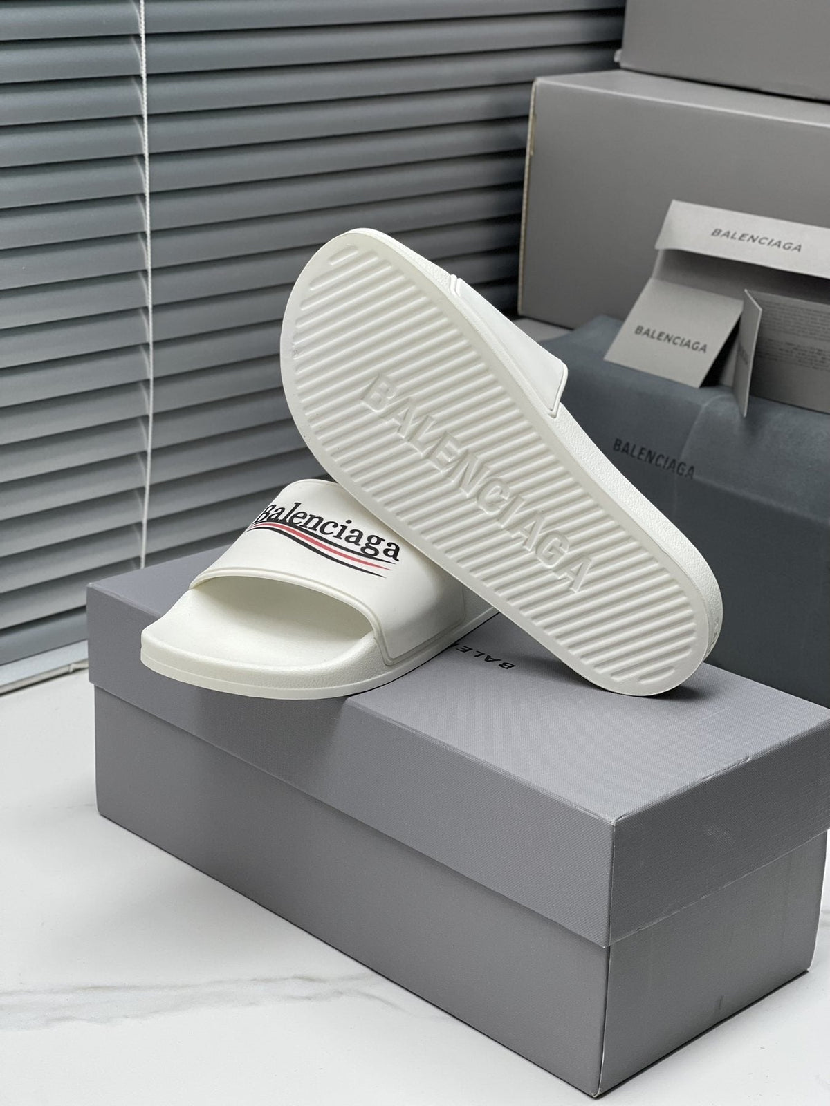 Balenciaga Logo Stripe Slide Sandals — side