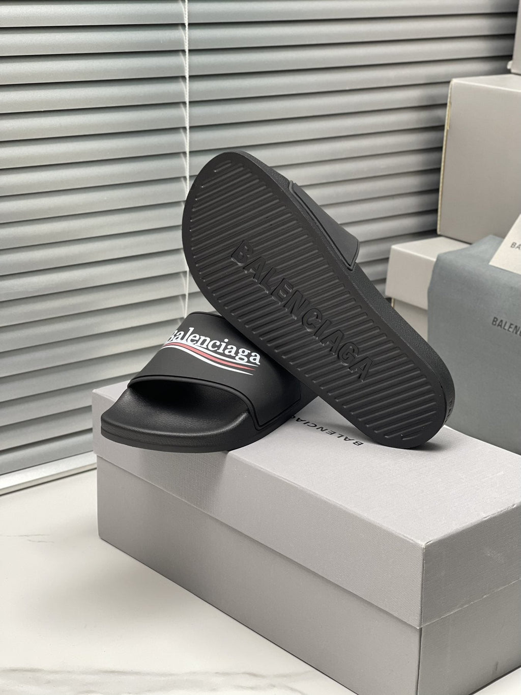 Balenciaga Logo Stripe Slide Sandals — front