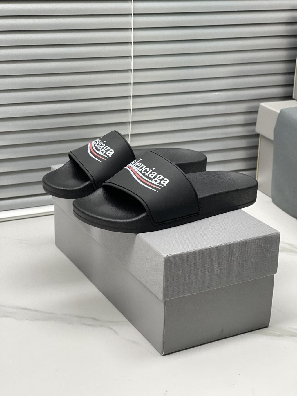 Balenciaga Logo Stripe Slide Sandals — hero