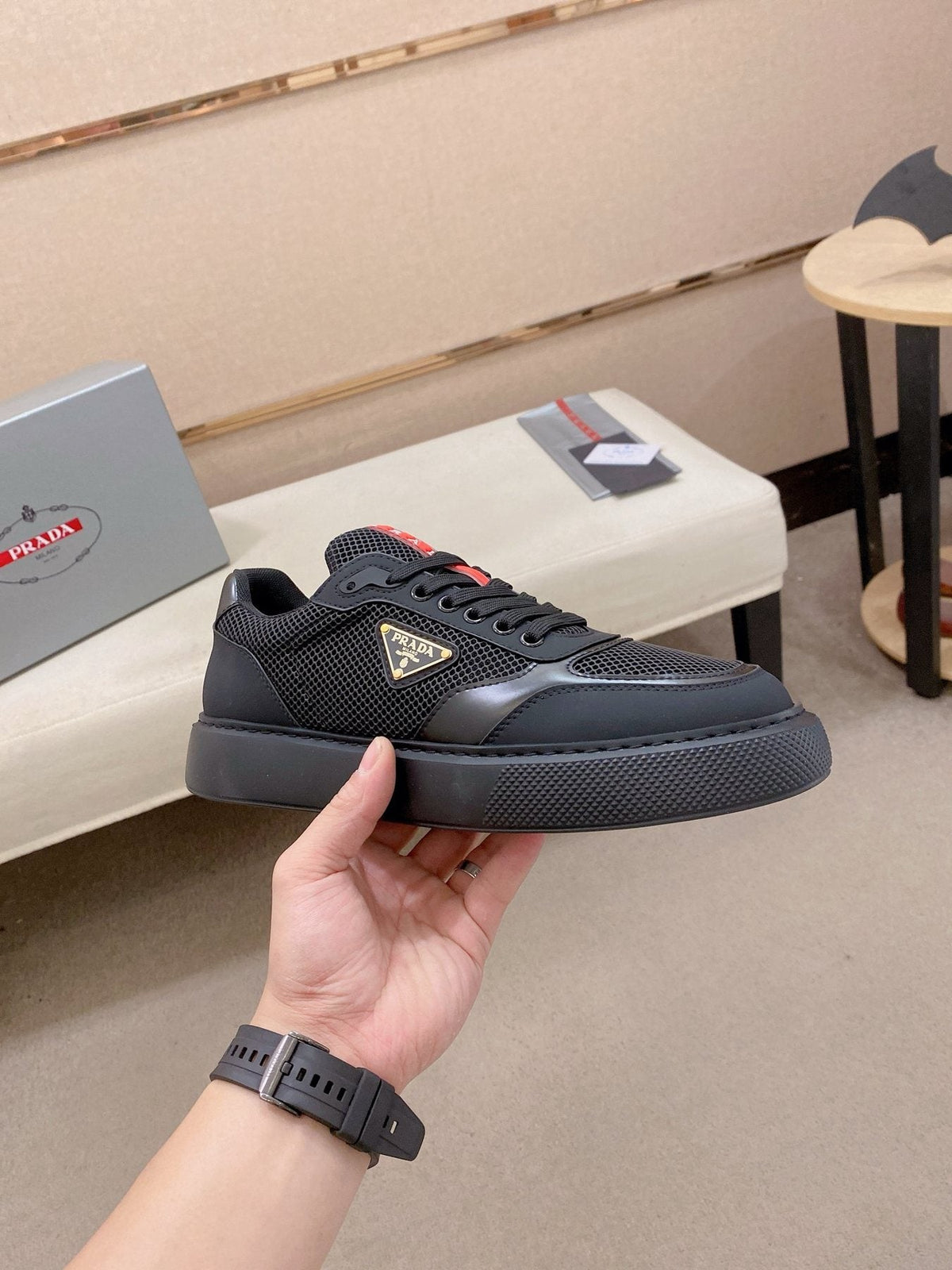 Prada White Red Accent Low-Top Sneakers — side